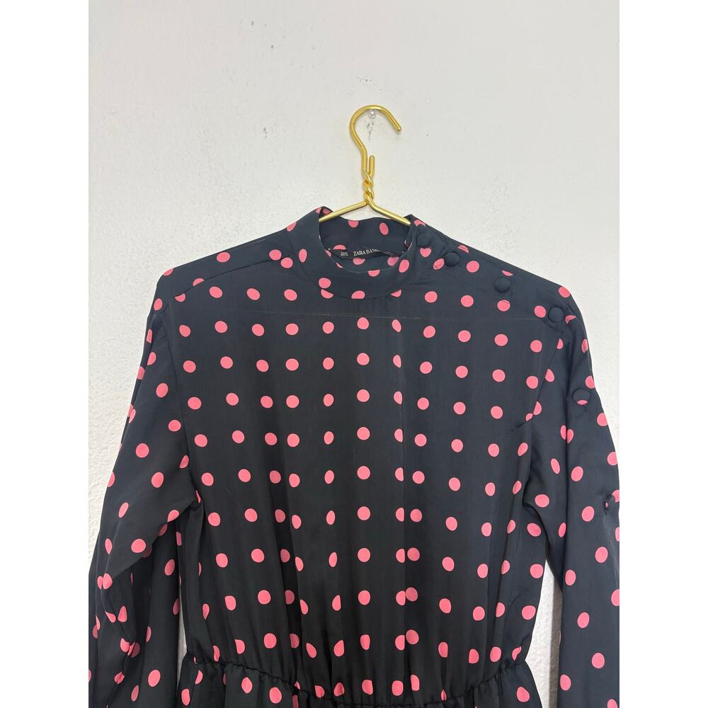Zara Black Pink Polka Dot Long Sleeve Mini Dress Size XS Asymmetrical Button - Picture 4 of 14